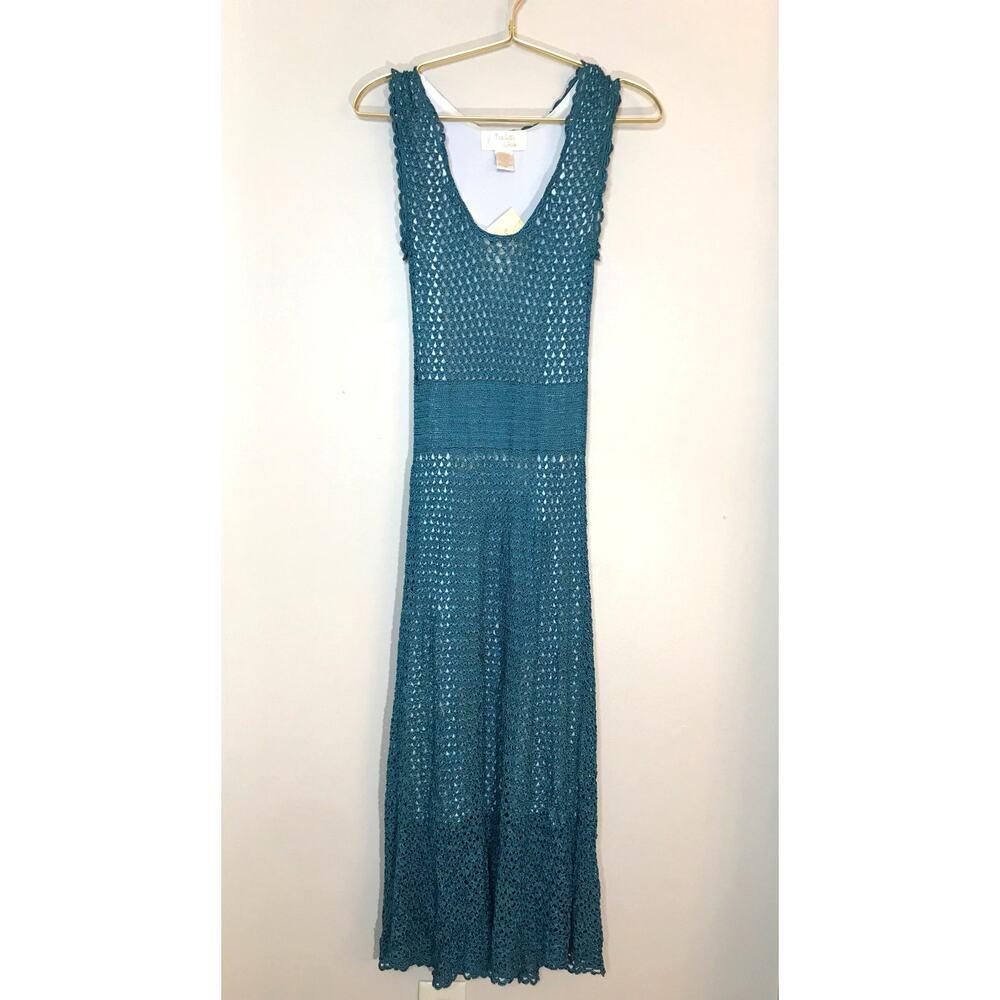 Kroshetta by Papillon Teal Crochet Knit Sleeveless A-Line Dress S
